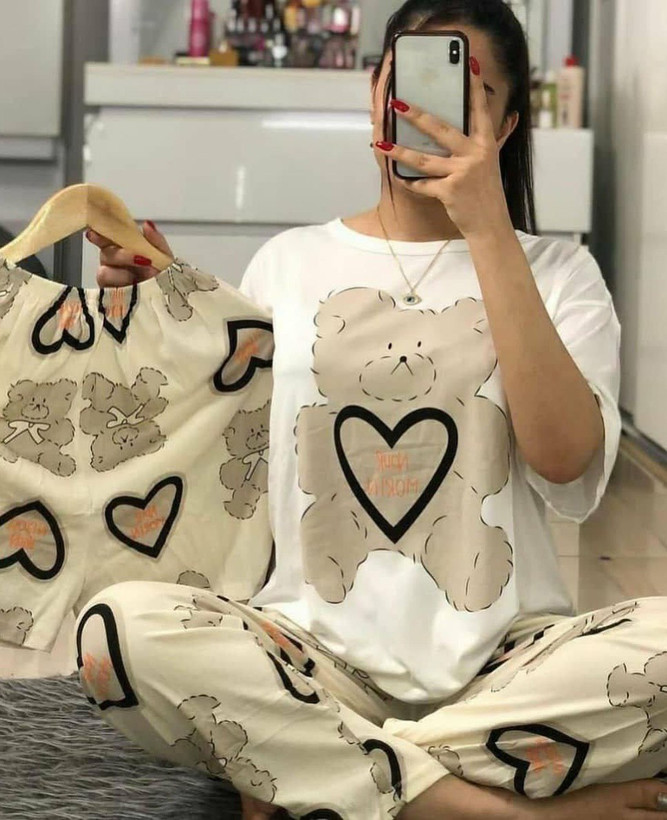 ست سه تکه راحتی تی شرت +شرتک+شلوار جنس نخ پنبه پرمیوم وارداتی